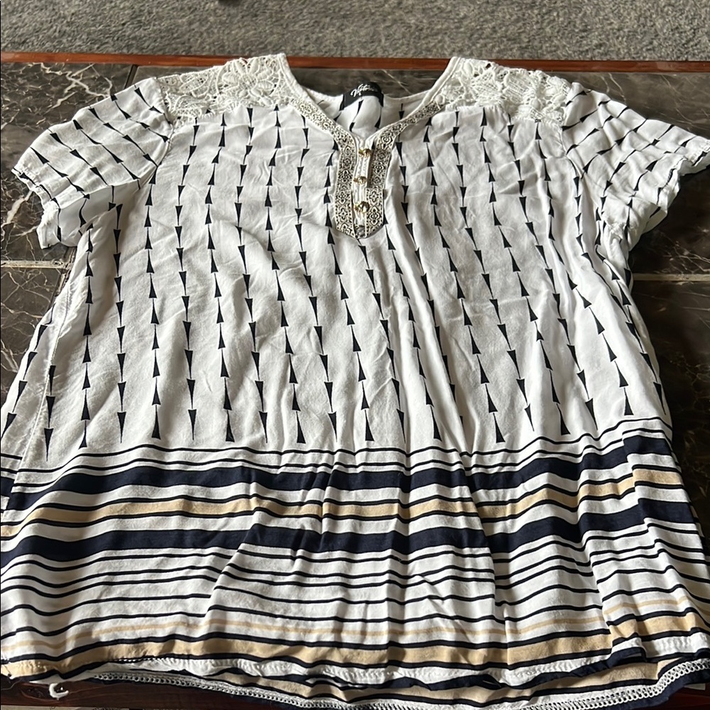 White and Navy Patterned Top with Lace